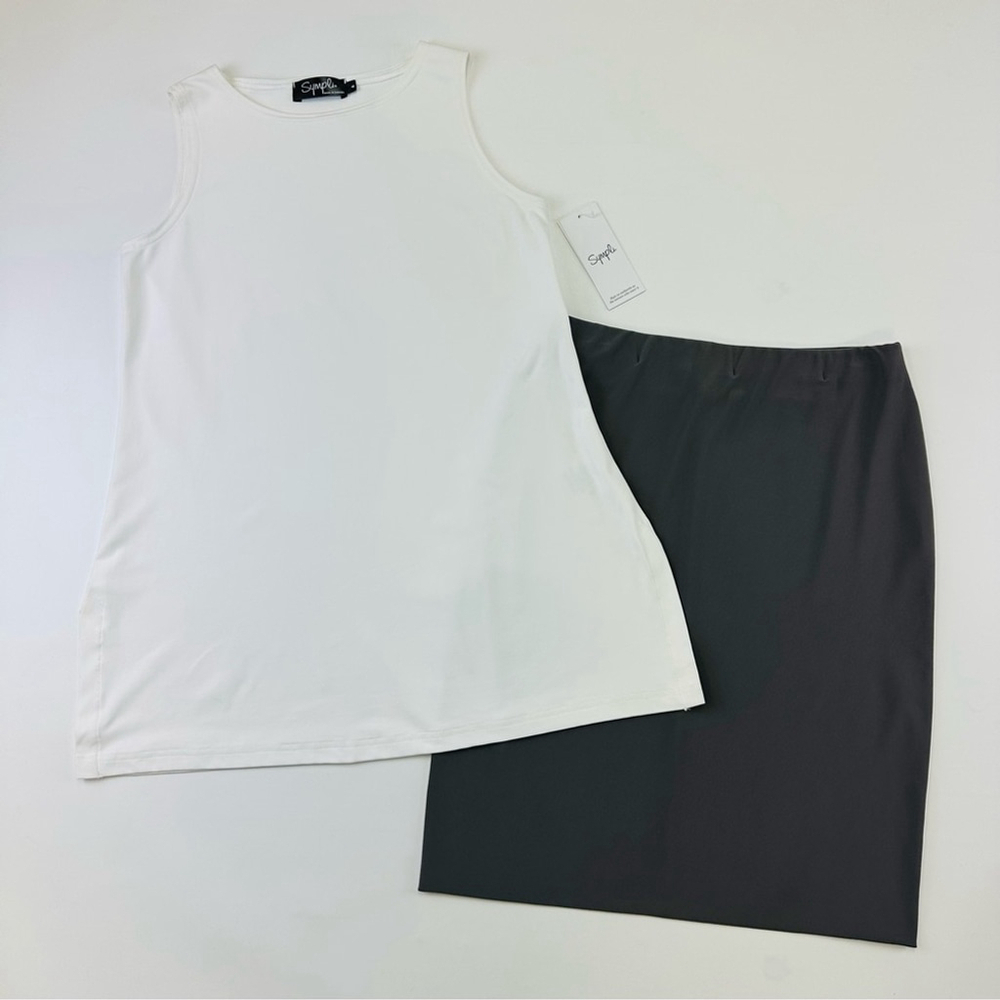 Sympli white tank top NEW and taupe grey pull on stretch skirt Both Size 6
